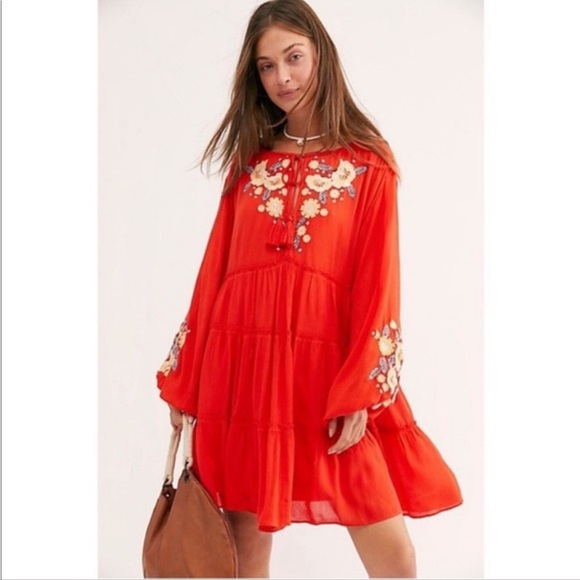 Free People Spell On You Embroidered Tiered Flowy Gauzy Mini Dress